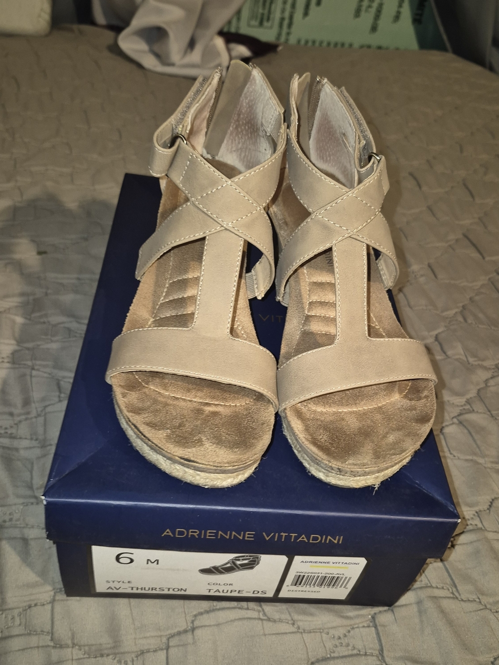 Adrienne Vittadini Taupe Cross-Strap Wedge Sandals